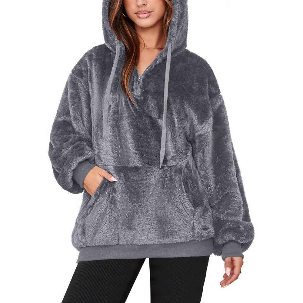 Women Dark Gray Oversized Fuzzy Fleece Zip up Hoodie Sweatshirt